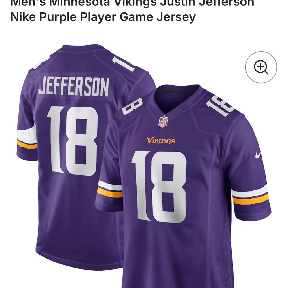NFL Minnesota Vikings Purple Jersey #18 Justin Jefferson XL 27” Pit to Pit